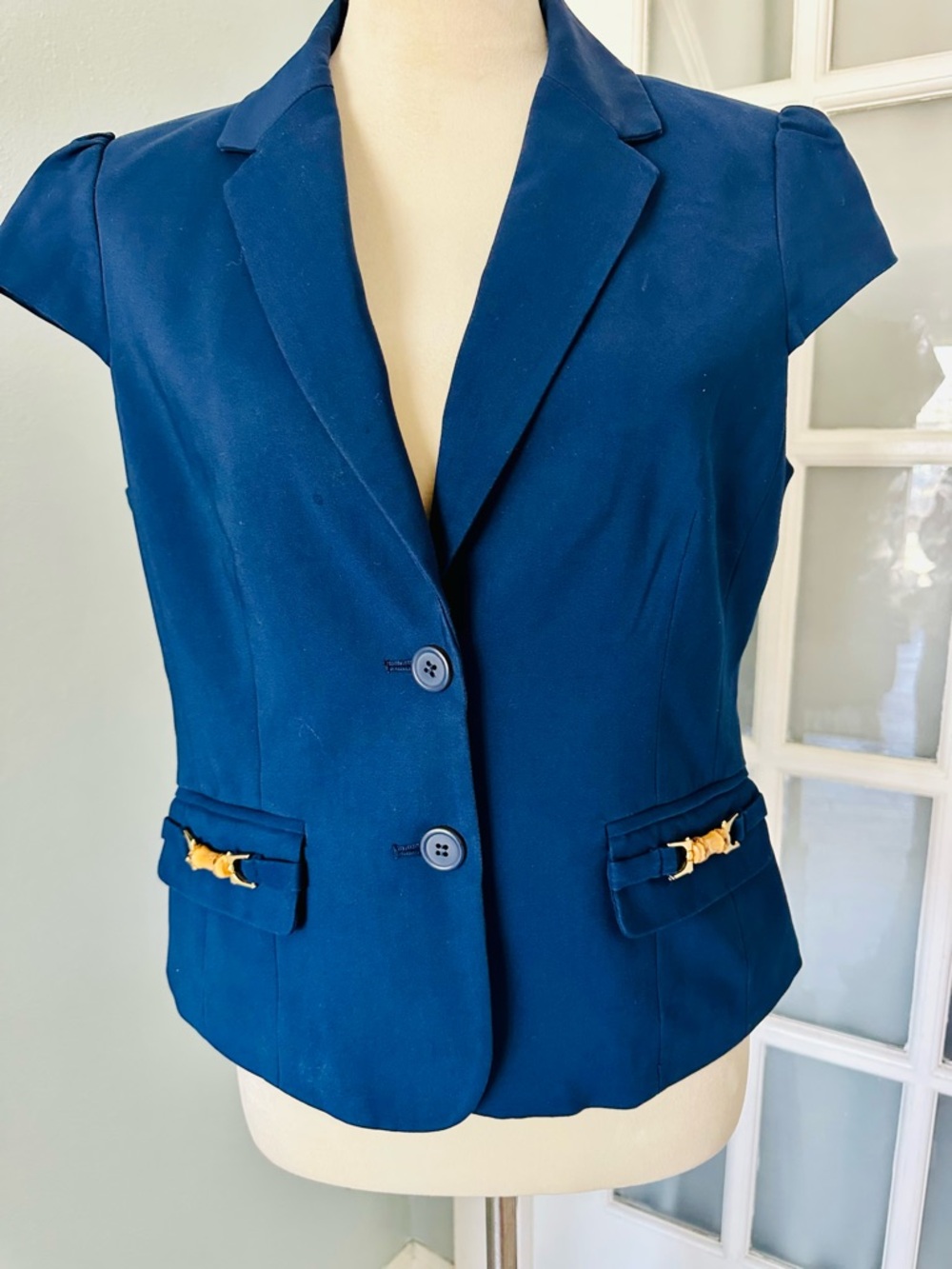 7th Ave New York & Co Navy Short-Sleeve Tailored Blazer Vest with Gold Accents